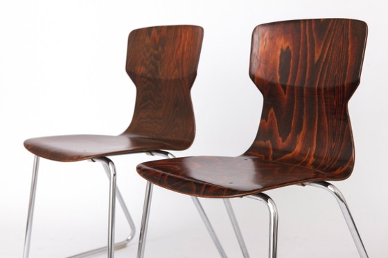 2 van 4 Vintage Flötotto Pagwood stoelen, jaren 70 Duits design, multiplex schoolstoelen, chromen metalen (photo 7 of 13)