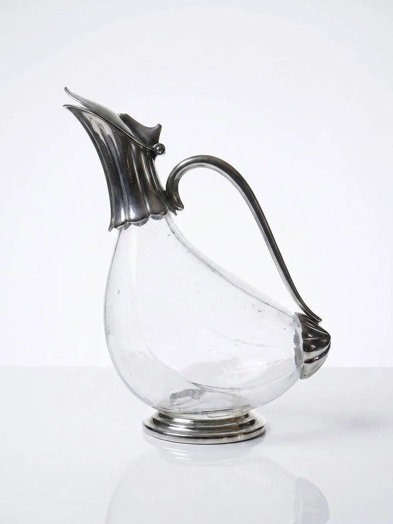 Vintage glass and silver-plated metal jug, modernist pitcher/carafe from ., Glass & Decanter, Transparent (photo 2 of 14)