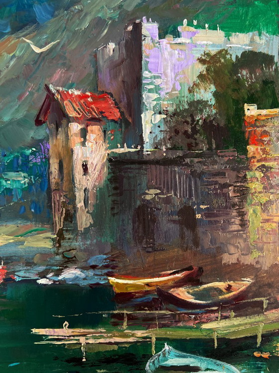 Image 1 of Original Oil Painting Summer City Landscape Coast with quiet houses