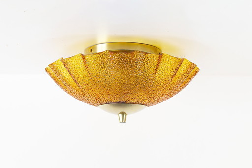 Vintage 1970’s Brass and amber glass ceiling flush mount light, Germany