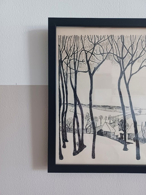 Minimalist Vintage Winter Landscape, Pen drawing, Etching