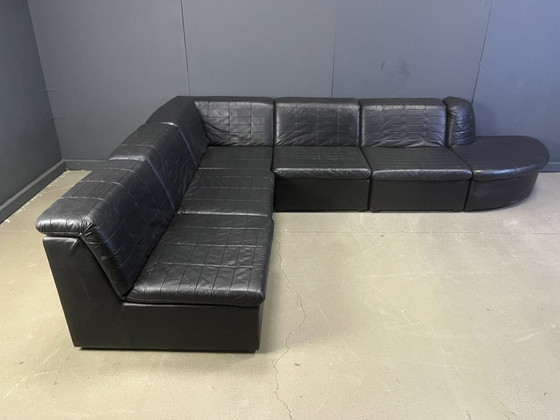 Image 1 of Ensemble de canapés modulaires vintage en cuir patchwork noir de Laauser, années 1970