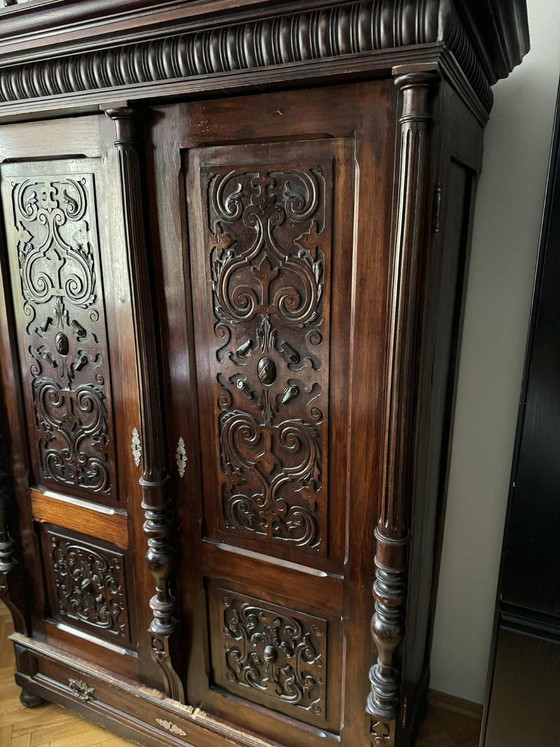 Antique Style Baroque Revival Carved Oak Wardrobe (photo 4 of 6)