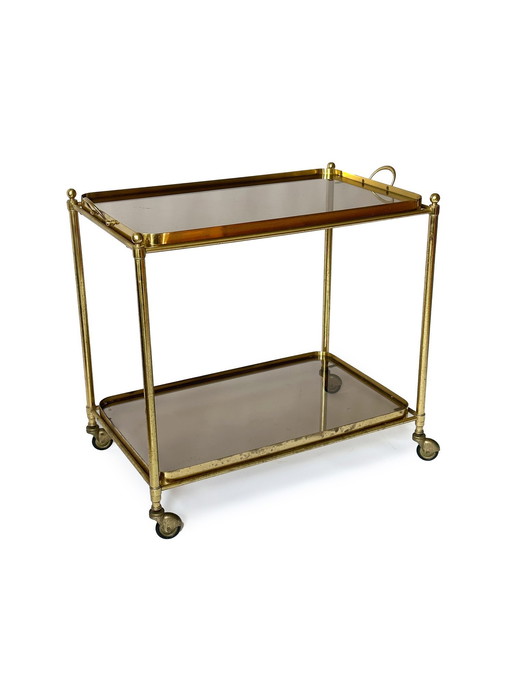 French Brass Bar Cart with Smoked Glass, 1960s