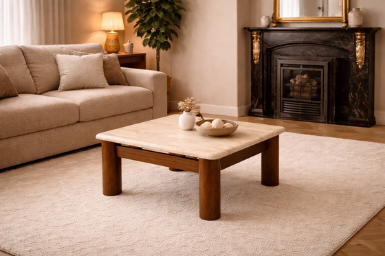 Image 1 of Travertine table brutalist with wenge wood