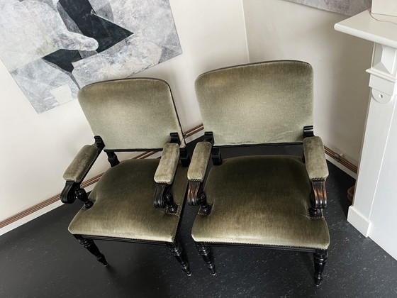 French Armchairs, Black Lacquered Wood, Olive Green Velvet (photo 4 of 15)