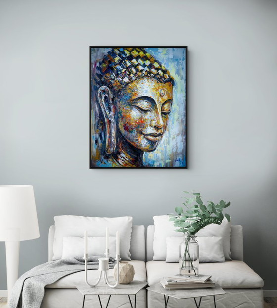 Image 1 of Unique hand-painted Buddha painting "Golden Serenity" – Seksak Jaichumchen – 80 × 100 cm