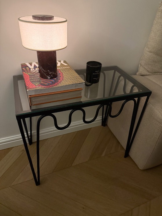 Black metal side table with glass top, Modern (photo 3 of 5)