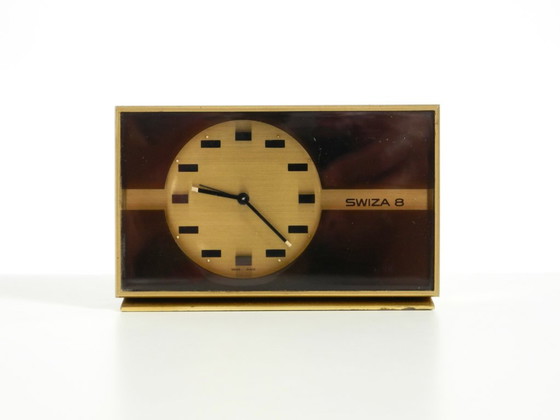 Beautiful, Small, And Rare Original Mechanical Swiza 8 Table Clock In Brass With An 8-Day Movement (photo 4 of 15)