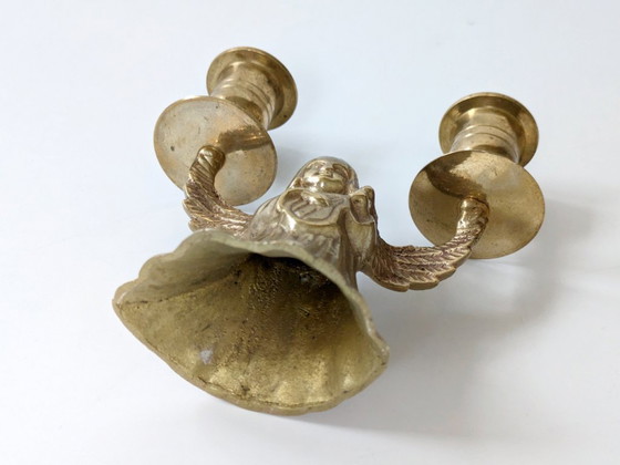 Image 1 of Midcentury Brass Candleholder, Winged Angel for 2 Candles, Christmas Brass Decor