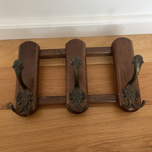Vintage antieke wandkapstok met messing details – kapstokken, Wood, Brass