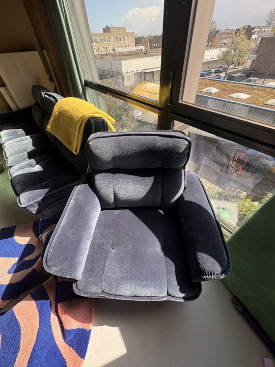 Image 1 of Canapé modulable Hukla 6 pièces avec fauteuil assorti, velours bleu années 70