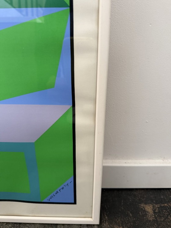 Framed poster by Victor Vasarely, Geneva 1979, Musée Athénée, Design by Memphis Starck – Wall decoration, Wood (photo 4 of 9)