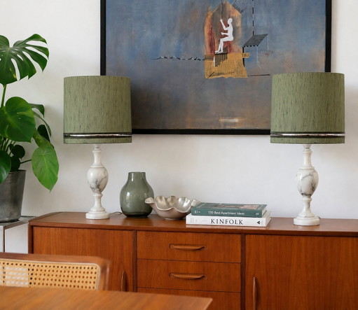 Pair of Italian Marble Table Lamps with Olive Green Silk Shades – Vintage 1970s