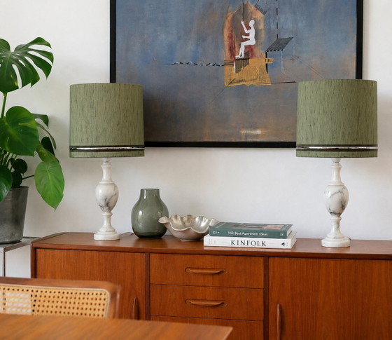 Image 1 of Pair of Italian Marble Table Lamps with Olive Green Silk Shades – Vintage 1970s