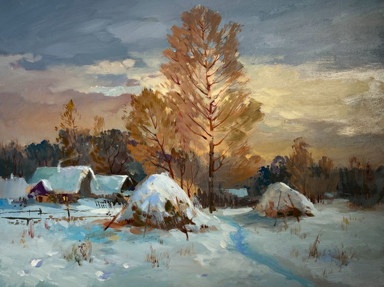Image 1 of Original Oil Painting Snow Village Landscape Snow and sunset lights