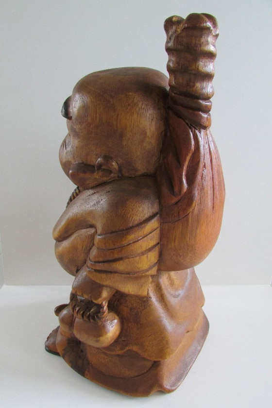 Image 1 of Hand-carved wooden statue of the Laughing Buddha