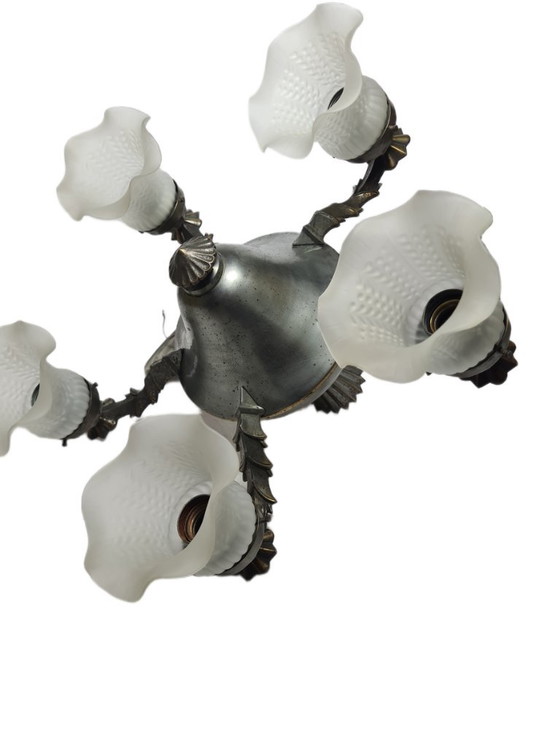 Art Nouveau kroonluchter, Duitsland, jaren 1900 – Glass, Metal (photo 11 of 11)