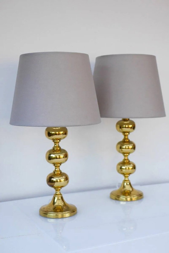 Image 1 of Scandinavian modern space age brass table lamps from Nafa, Sweden, 1970s, set of 2