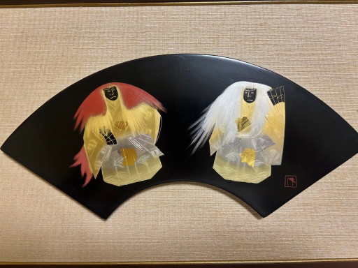 Pannello murale giapponese in lacca Wajima-nuri degno di museo - Danza del leone 'Renjishi' (anni '70)