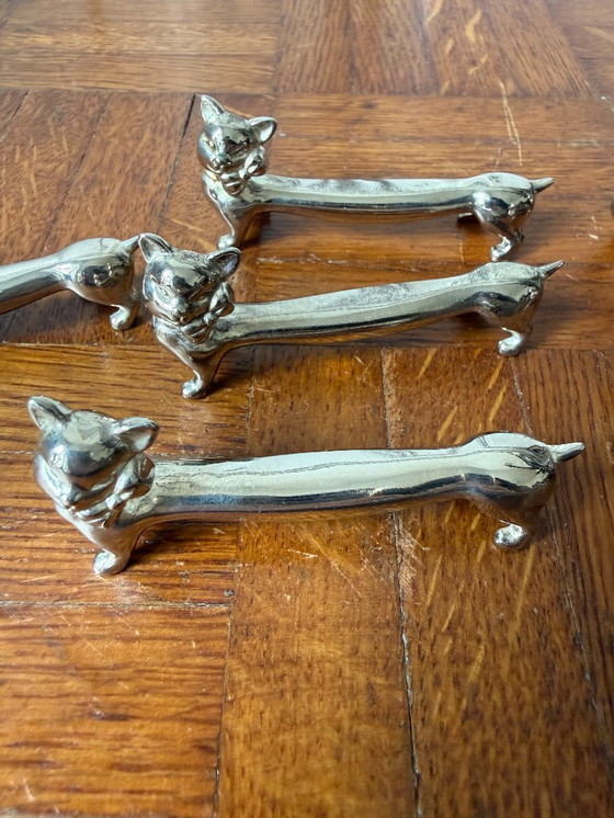 Image 1 of Set di 6 poggiacoltelli a forma di gatto in metallo argentato