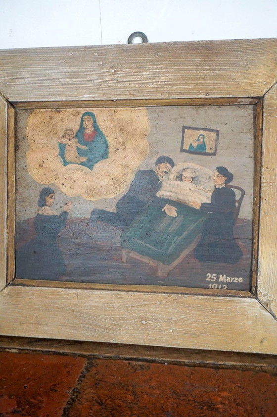 Image 1 of Ex-voto italien de 1913 * lit médical * guérison après l'extrême-onction * plaque votive * Vierge Marie