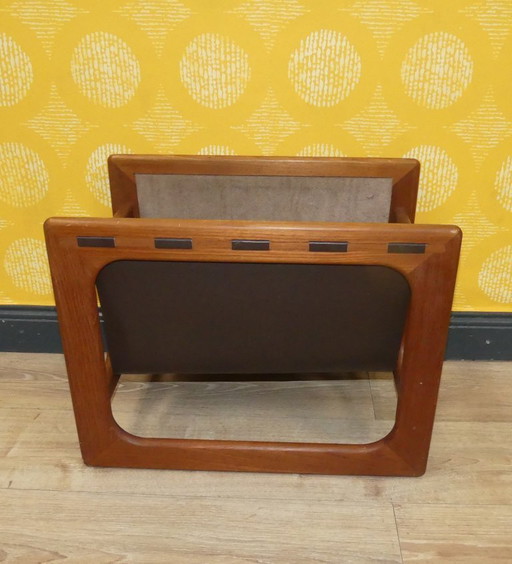 Teak Salin Møbler magazine rack newspaper stand leather brown Aksel Kjersgaard retro vintage mid century