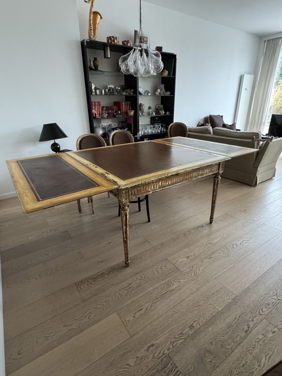 Image 1 of Tavolo in rovere policromo firmato JP Barbier – piano in pelle – pezzo artistico unico