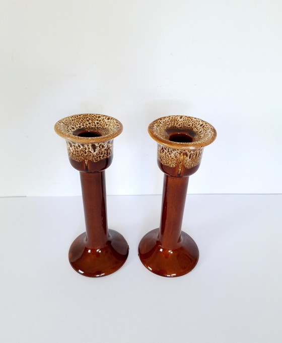 Image 1 of Set van Twee Vintage Keramische Kaarshouders, Vette Lava Kandelaar Houder, Bruine Decoratieve Verzamel Kandelaar