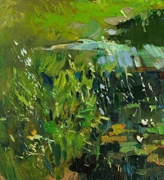 Image 1 of Original Oil Painting Summer River Landscape A girl washes herself at a pond