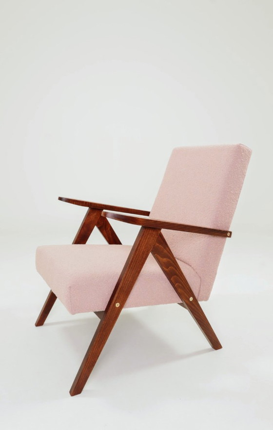 Image 1 of Vintage fauteuil rustiek hout roze bouclé stof zigzag modern design 1970