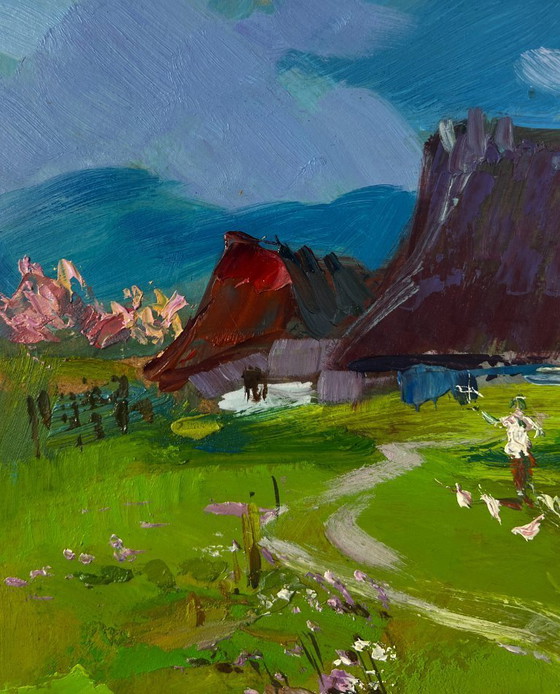 Image 1 of Original Oil Painting Rural Summer Landscape Quiet village on a green hill