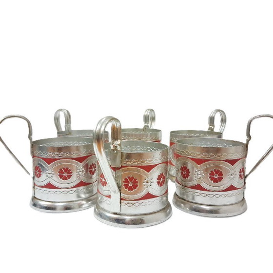 Image 1 of Set Podstakannik russo d'epoca (epoca URSS) - Set di 6 porta bicchieri da tè