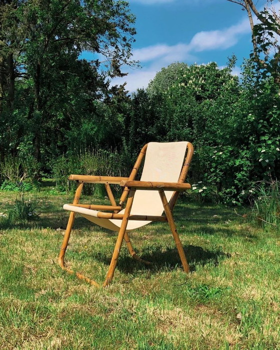 1960s Italian Bamboo Folding Chair, Textile, Brown, Vintage (photo 6 of 10)