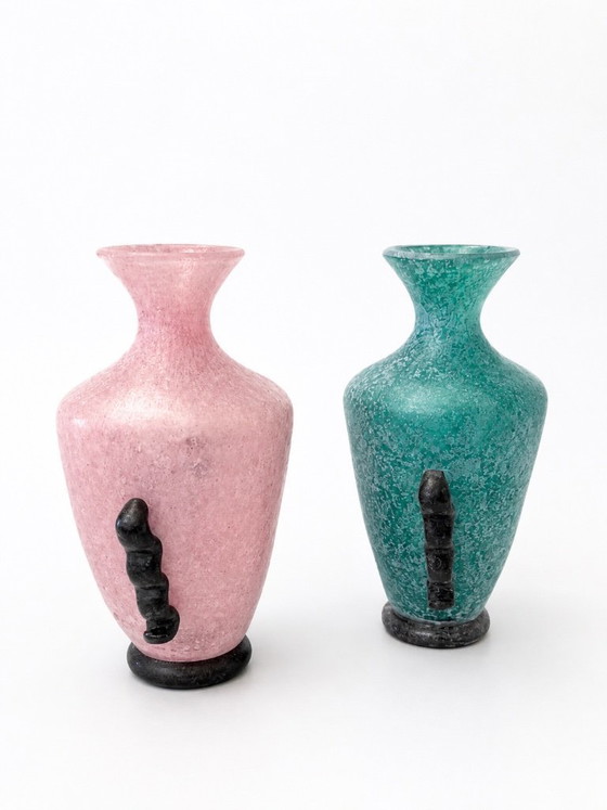 Image 1 of Pair of Murano "Scavo" Glass Amphora Vases by Gambaro & Poggi