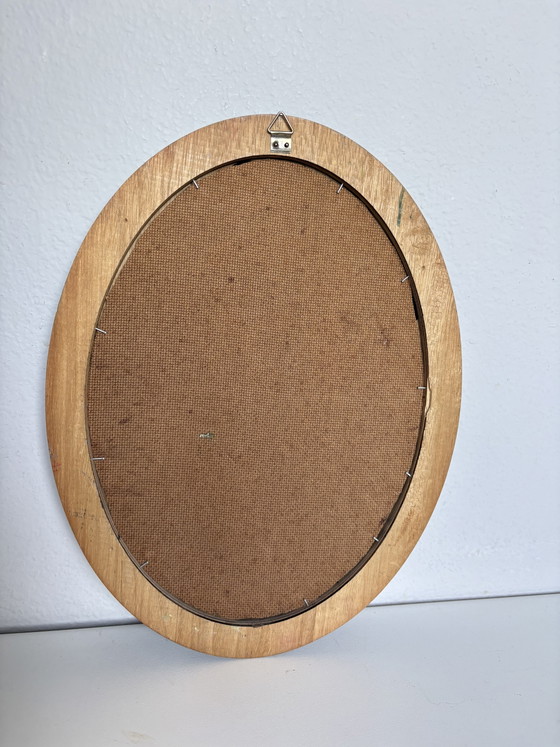 Image 1 of Vibrant Vintage Velvet Floral Painting - Small Oval Wooden Frame with Gold Trim (32x24.5cm)
