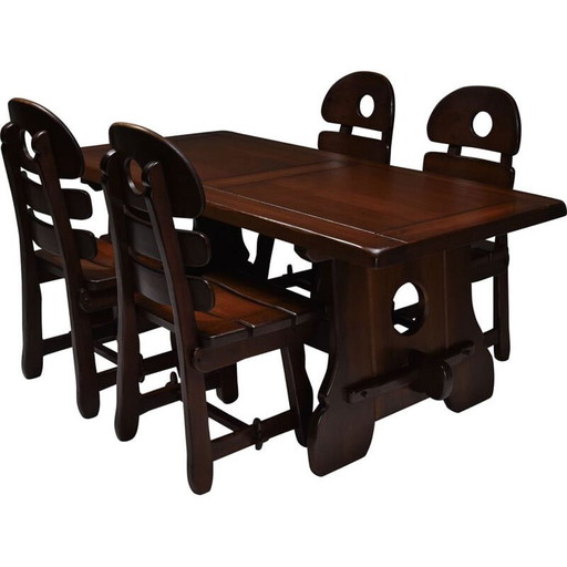 Rustic modern brutalist vintage dining room set in stained oak, Belgium 1970