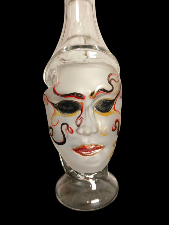 Image 1 of Murano glazen karafmasker, handbeschilderd, jaren 70 - Venetiaanse glazen karaf met gezichtskunst