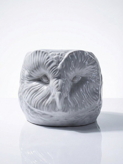 Gran maceta antigua italiana de cerámica blanca con forma de cabeza de búho.