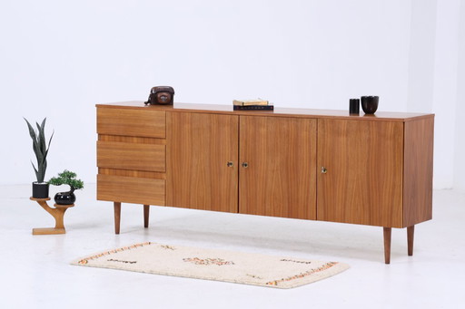 Vintage walnut sideboard 60s | Mid - Century TV board with drawers & compartments Retro wood storage #05-62