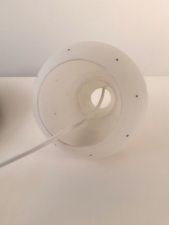 Image 1 of Vintage milk glass UFO-shaped pendant lamp with metal saucer, mcm lamp