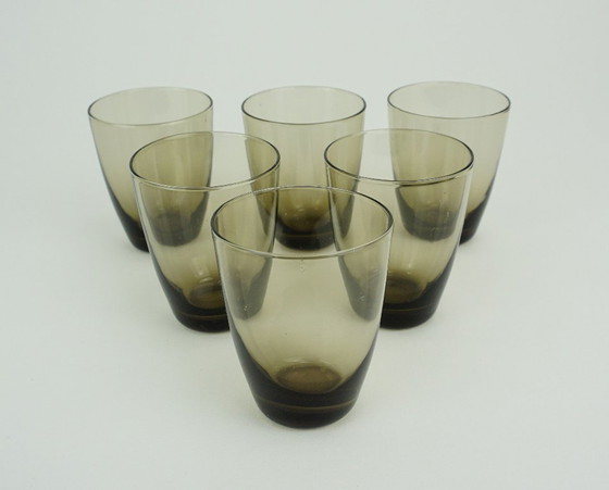 Image 1 of set of 6 mid century SHOT GLASSES in a brass holder with bamboo handle 1950s