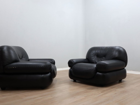 Image 1 of Paar Mobil Girgi Sapporo Sessel, schwarzes Leder, Italien, 1970er Jahre