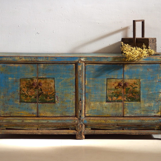 Antique entrance sideboard in blue and yellow (c.1920) (photo 4 of 40)
