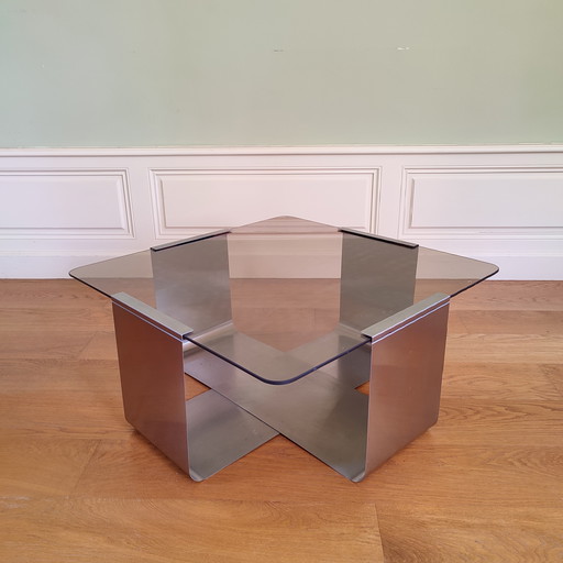 Vintage Brushed Steel And Glass Coffee Table, François Monnet - 1970