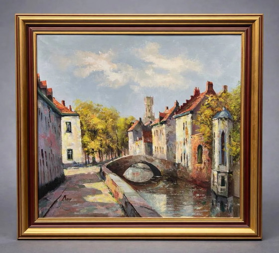 Landscape signed "View of Bruges." Oil on canvas. Signed Mees. – Paintings & Drawings, Vintage (photo 6 of 6)