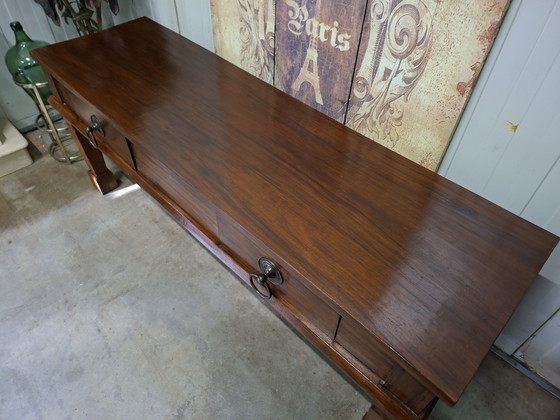 Image 1 of Large, robust teak castle side table, console table, and console, 194x58cm and 78cm high.