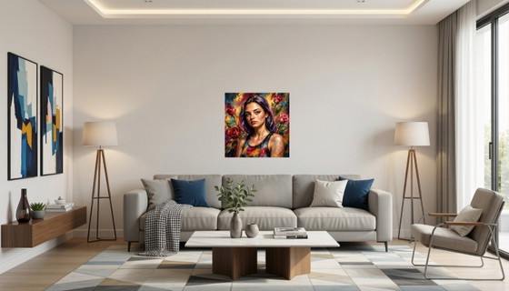 Impressionist Painting "La Miss aux roses" - (60x60 Cm) I – Paintings & Drawings, Canvas (photo 4 of 8)