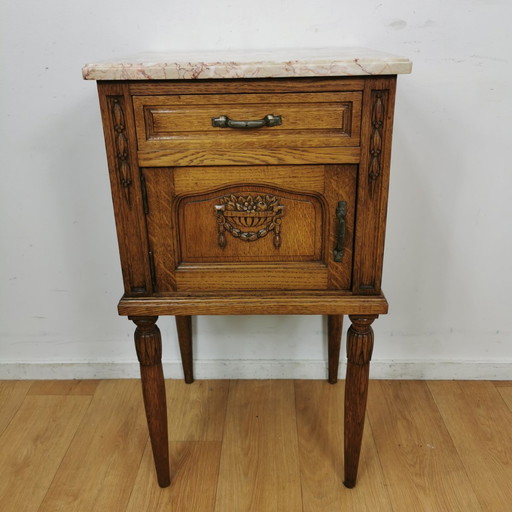 Ancienne table de nuit vintage, buffet avec dessus en marbre