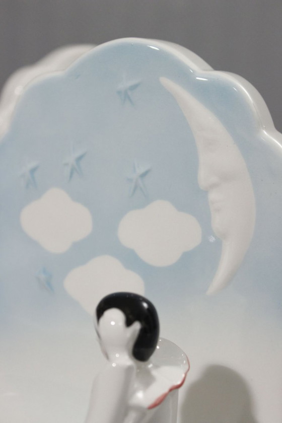 Image 1 of Pair of vintage earthenware bookends, Pierrot de la Lune design, 1980s